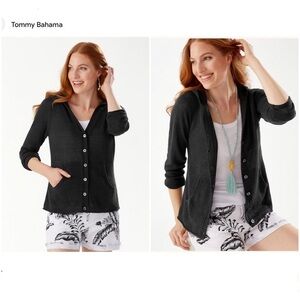 TOMMY BAHAMA NWT Lea 100% Linen Scalloped‎ Black 3/4 Sleeve Cardigan  Sz L